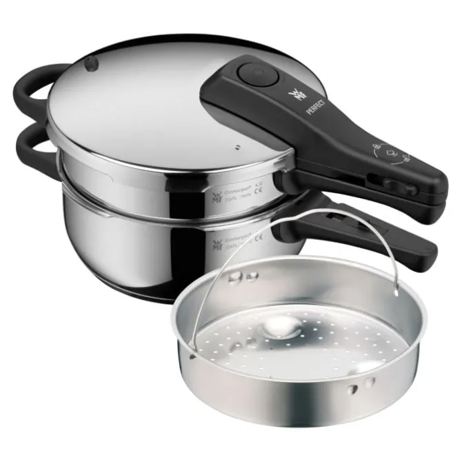 Schnellkochtöpfe | WMF Perfect One Pot Schnellkochtopf-Set mit Dampfgareinsatz, 22 cm, 4,5 und 3,0 Liter, stapelbar