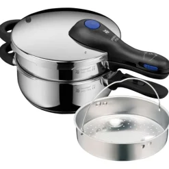 Schnellkochtöpfe | WMF Perfect Plus One Pot Schnellkochtopf-Set mit Dampfgareinsatz, 22 cm, 4,5 und 3,0 Liter, stapelbar